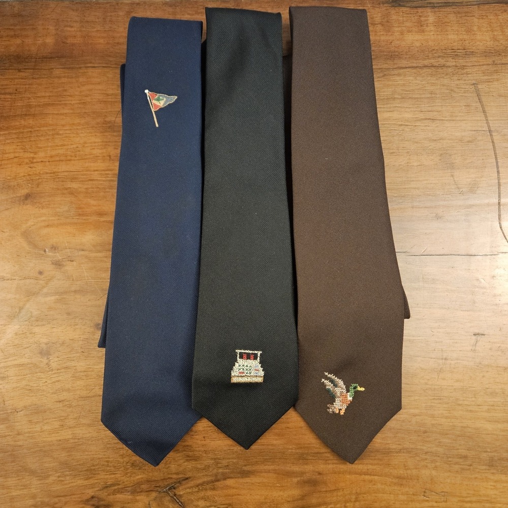 Vintage Embroidered Men's Ties Lot Of 3 Duck Flag Computer Polyester Brown Black